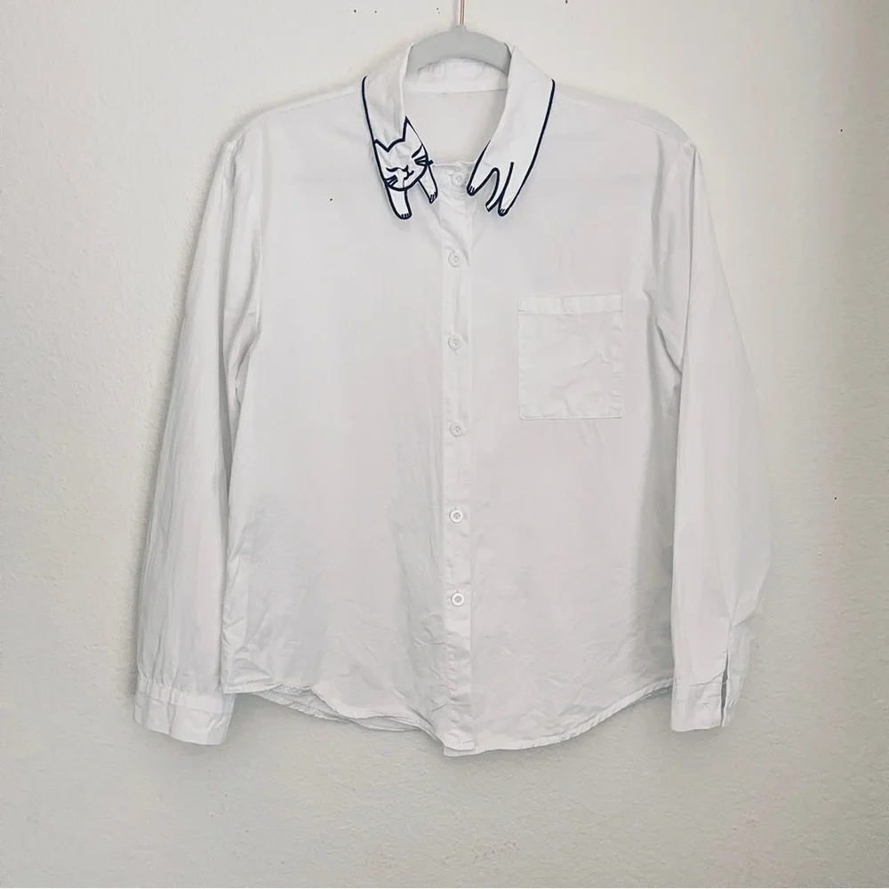White button down women’s blouse with kitty cat wrap collar - Picture 6 of 10
